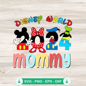 mockup-79835.jpg Mommy Disney World 2024 SVG file for Cricut, featuring Mickey, Minnie, Pluto, and Goofy
