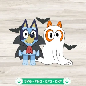 Bluey Halloween SVG file featuring Vampire Bluey and Bingo Boo ghost