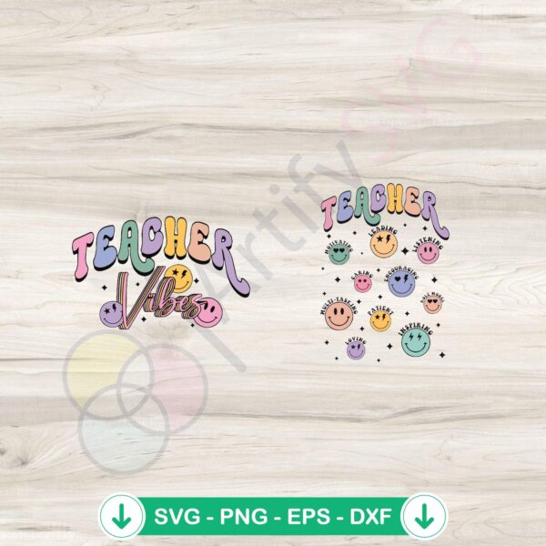 Retro Teacher Vibes SVG file with groovy smiley face for cricut