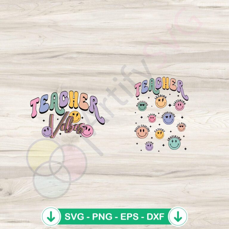 Retro Teacher Vibes SVG file with groovy smiley face for cricut
