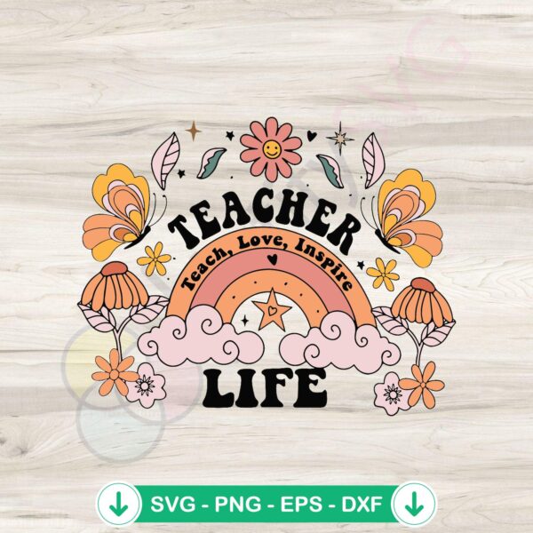 mockup-1-1740107986-1687519793.jpg Retro Floral Rainbow Teacher Life SVG file, cricut svg cutting file